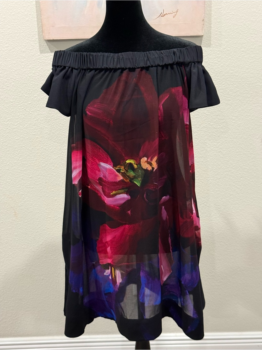 Ted Baker London Black Floral Off-Shoulder Coverup with Pink and Purple Accents